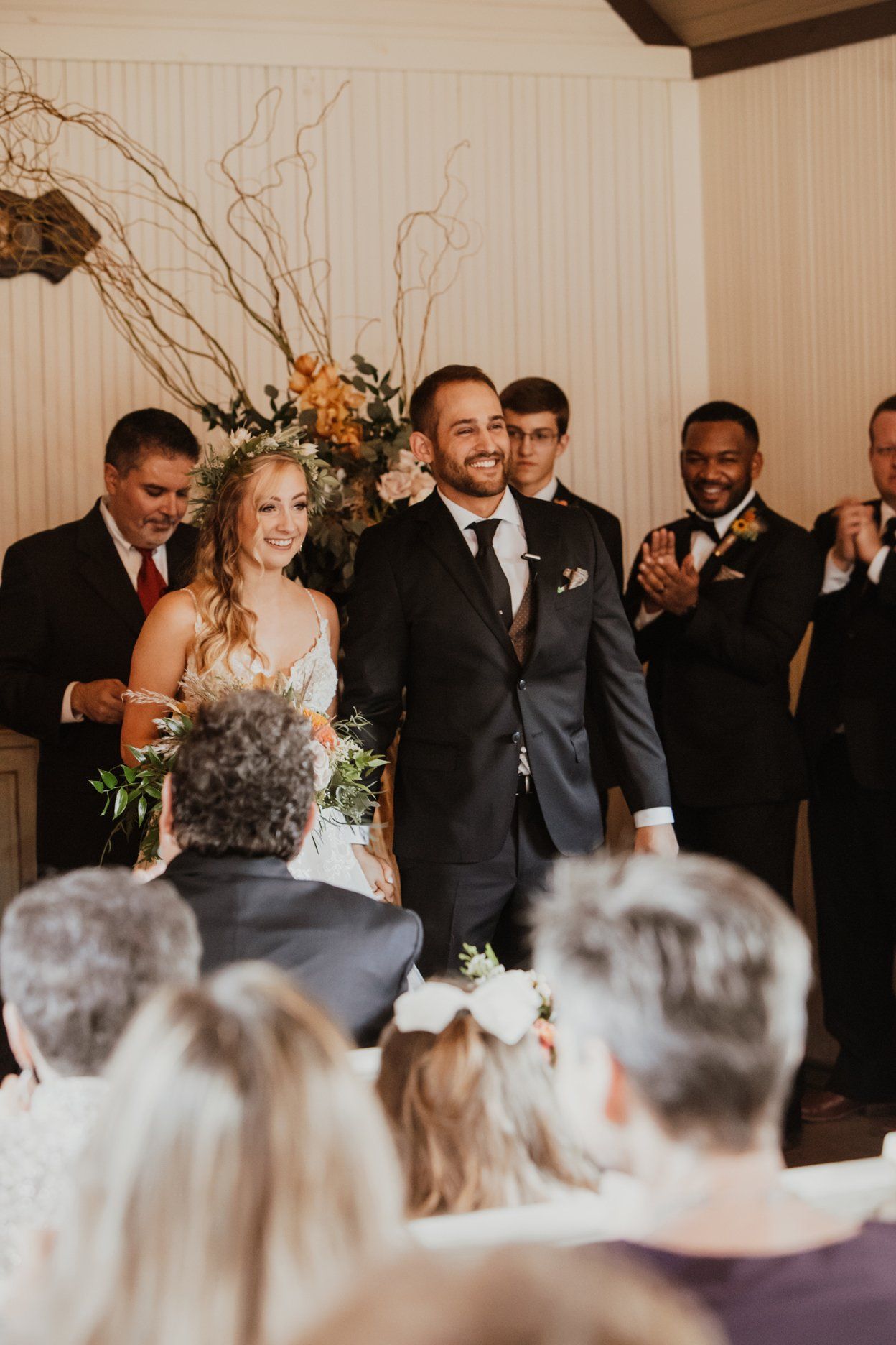 Bride and Groom Married Couple First Walk Down Aisle - Wedding Chapel - Shabby Chic