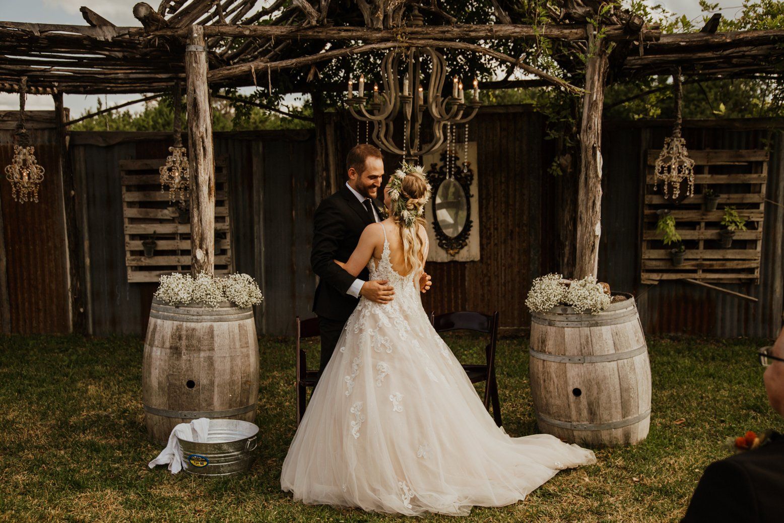 Bride and Groom Embrace Outdoor Wedding Pavilion Austin