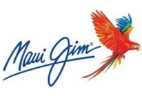 The logo for maui jim with a colorful parrot flying in the air.