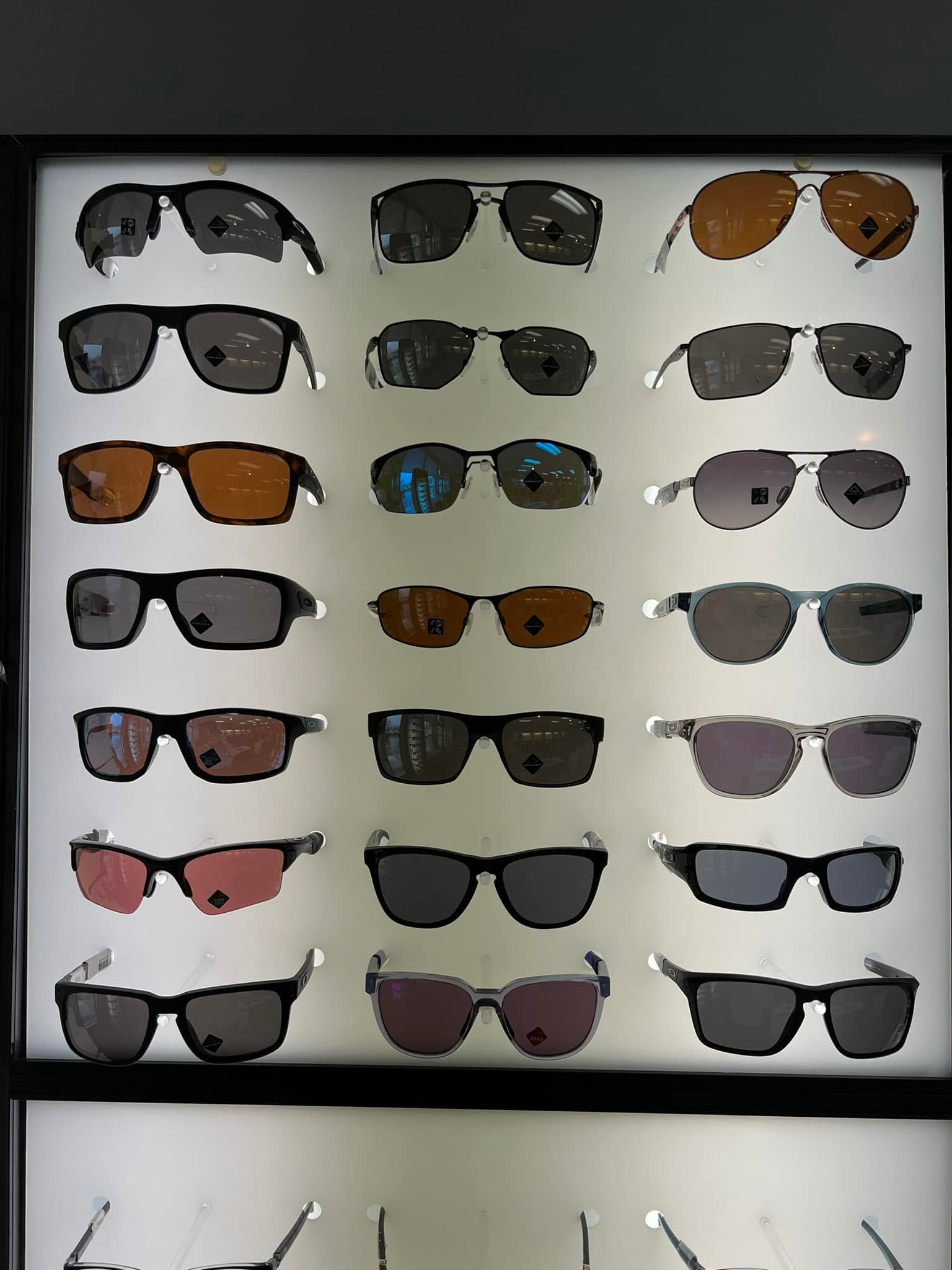 Display of assorted sunglasses in rows on a store wall, in black, brown, and tinted lenses.