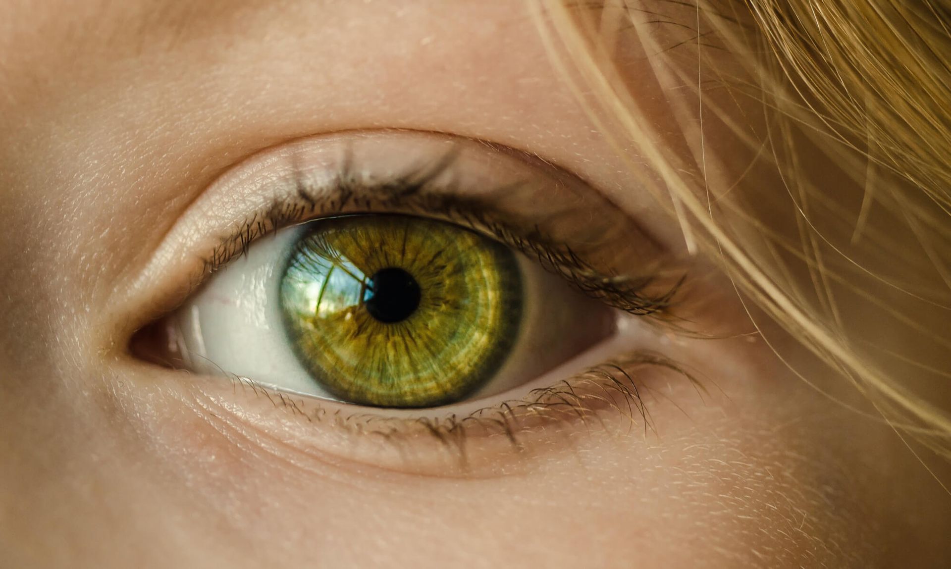 A close up of a woman 's green eye with blonde hair.