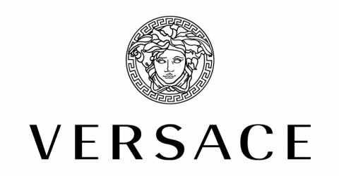 A black and white logo for versace with a woman 's head in a circle.