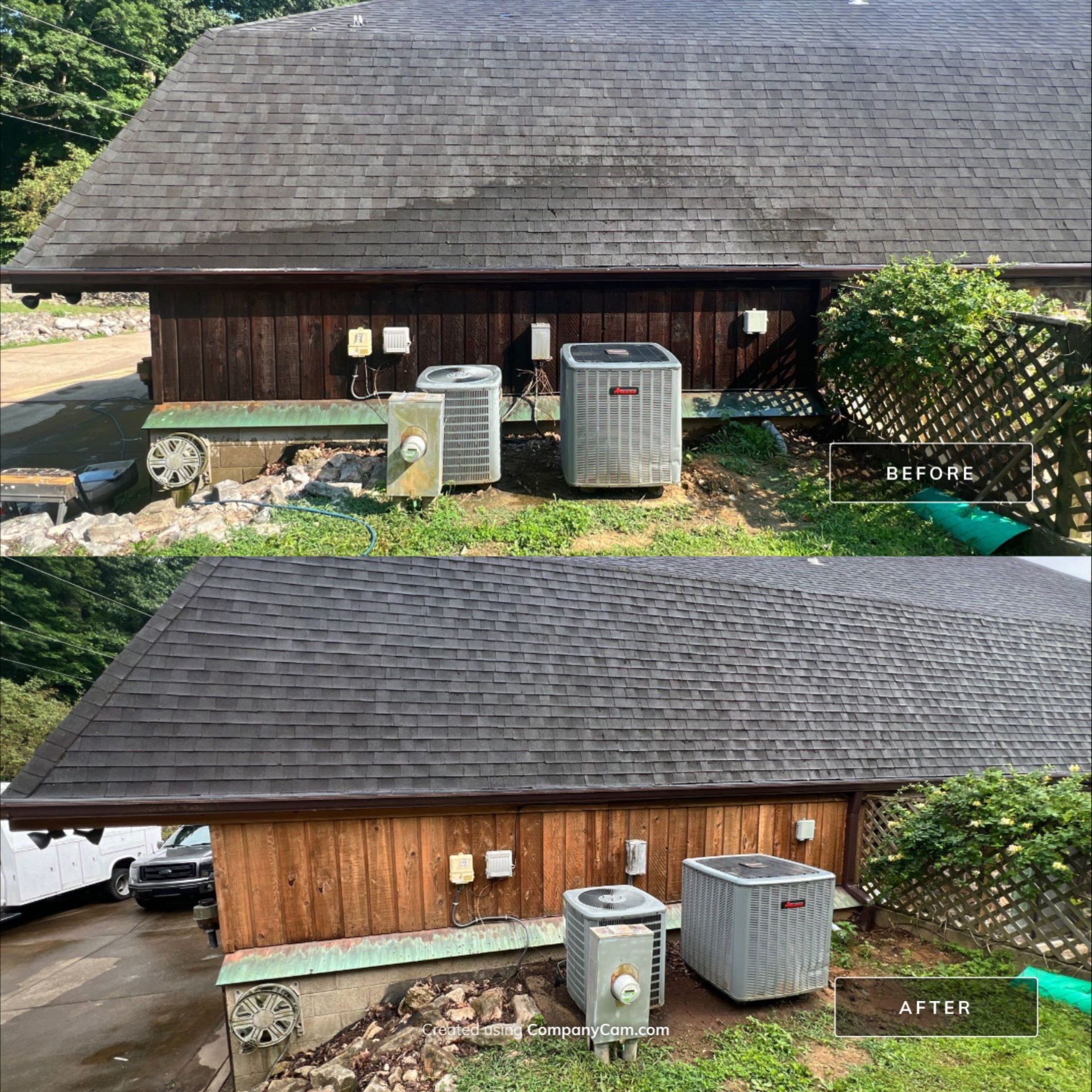 A before and after picture of house power washing.