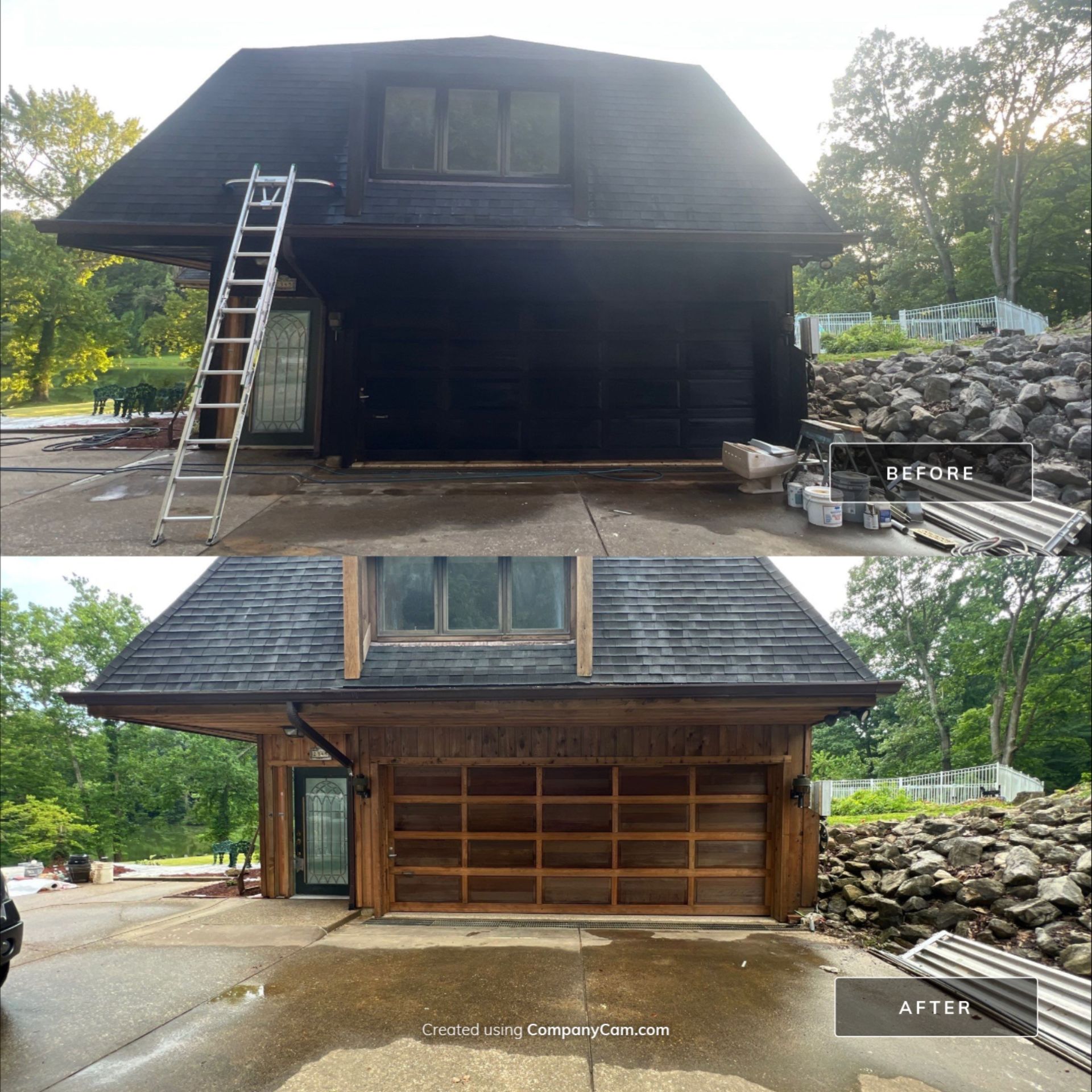 A before and after photo of house power washing.