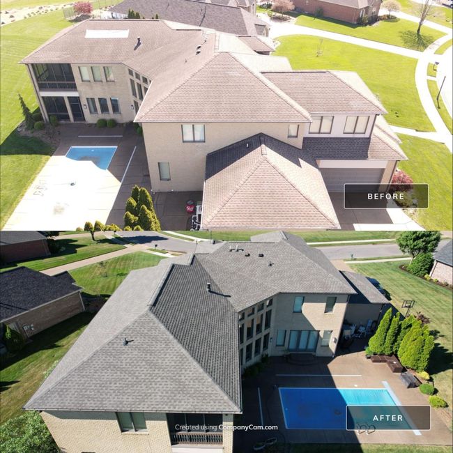 An aerial view of a house before and after being cleaned.