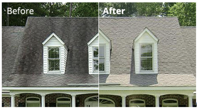 A before and after picture of a house 's roof.