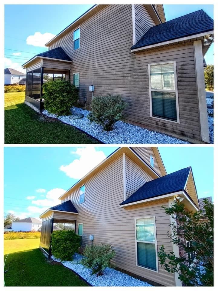 A before and after picture of house power washing.