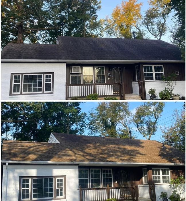 A before and after picture of a house with a black roof being cleaned.