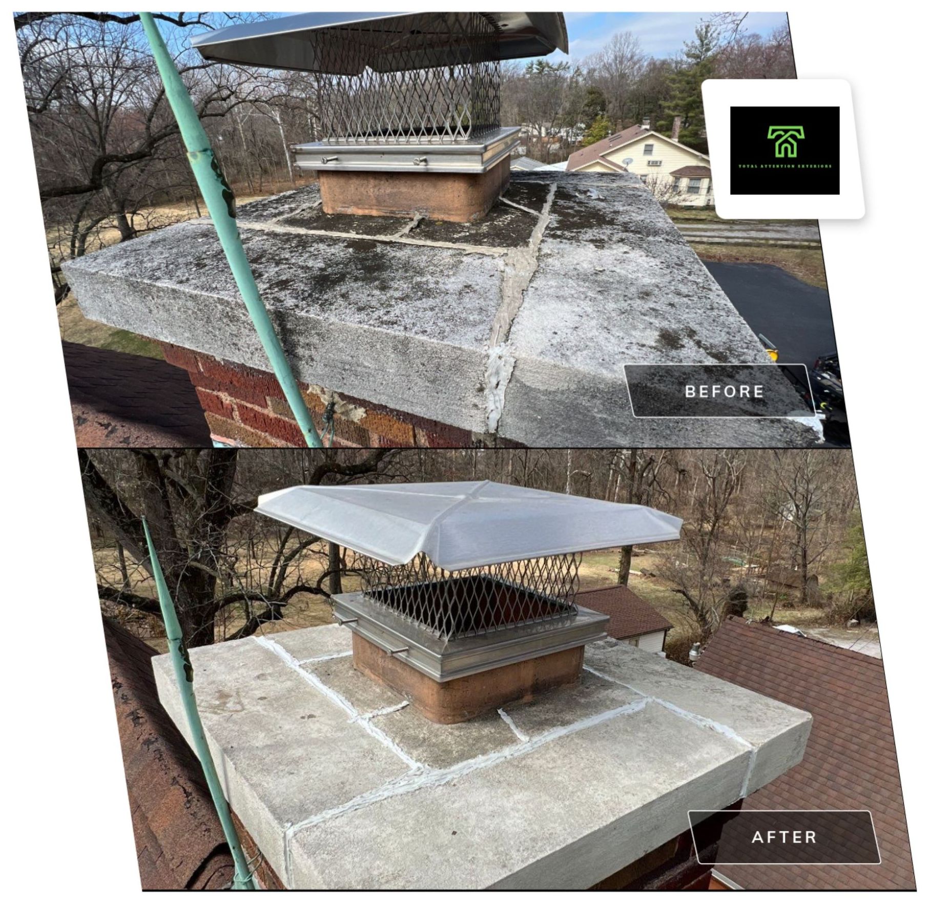 A before and after picture of a chimney on a roof being cleaned.