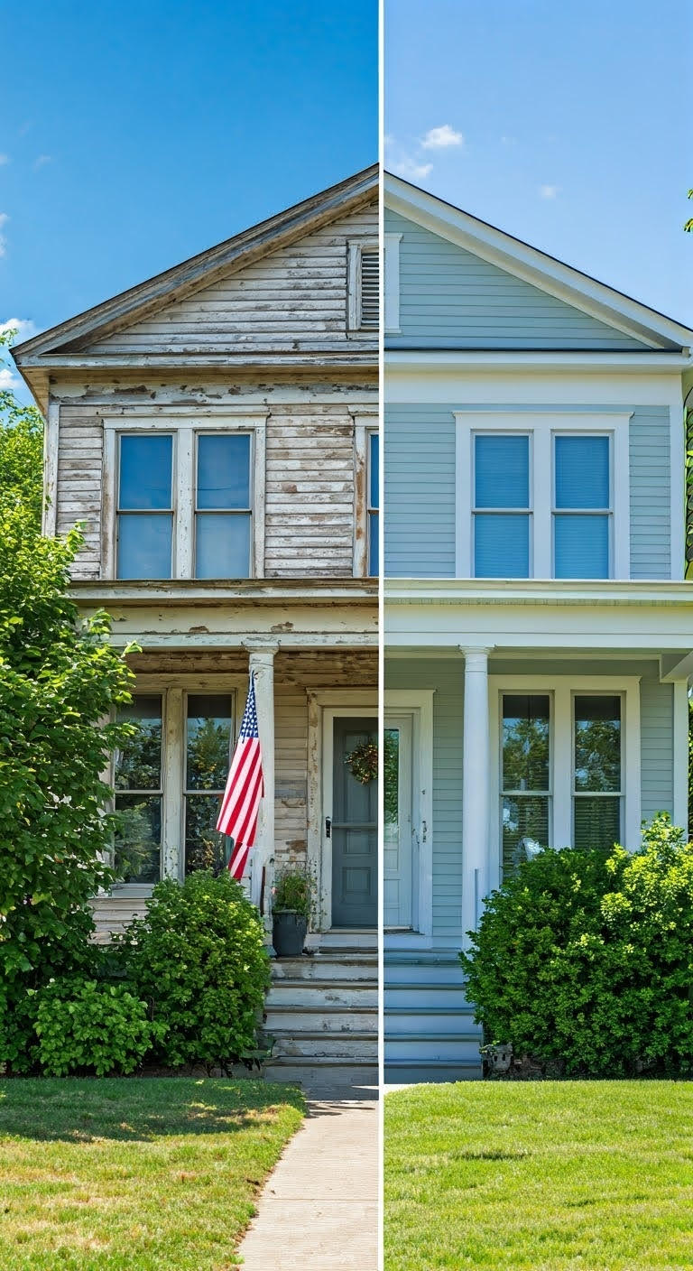 A before and after photo of a house that has been cleaned.