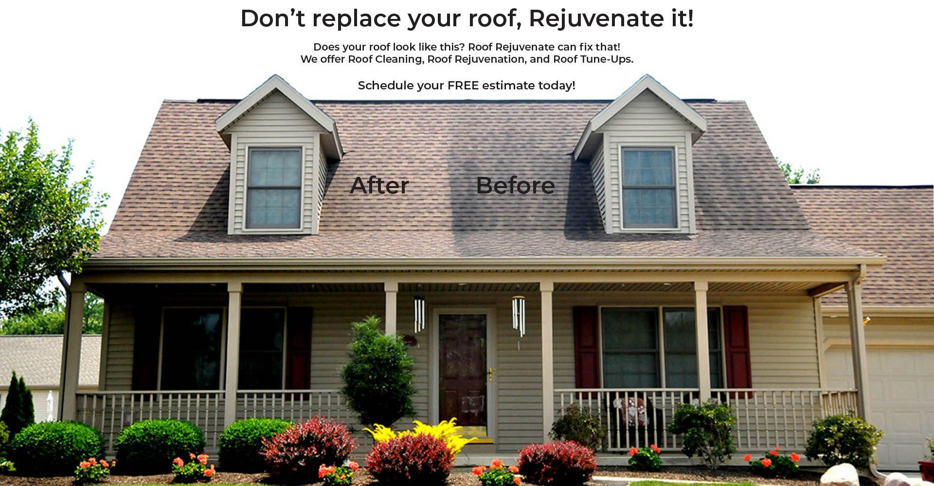 A picture of a house before and after the roof has been rejuvenated.