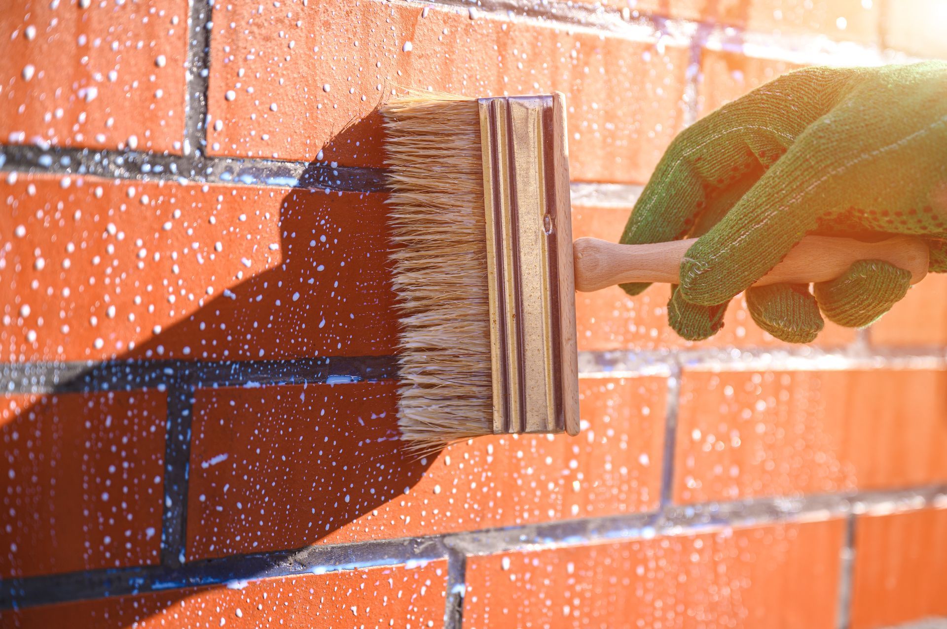 A person is painting a brick wall with a brush.