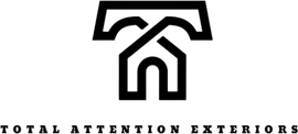 The logo for total attention exteriors is black and white and looks like a house.