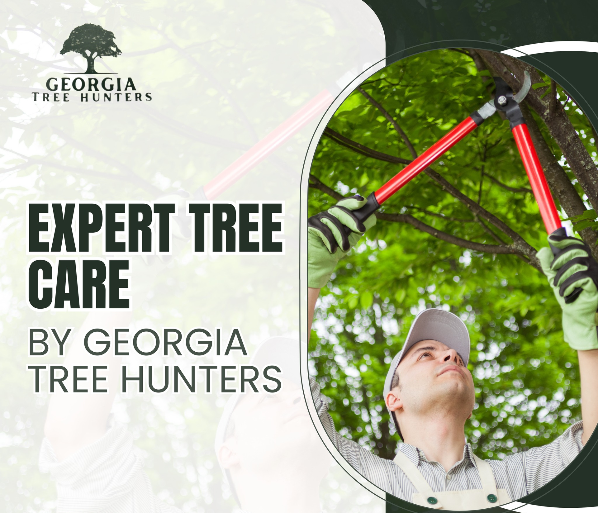 Expert tree care provided by Georgia Tree Hunters. A person trims a tree with red shears.
