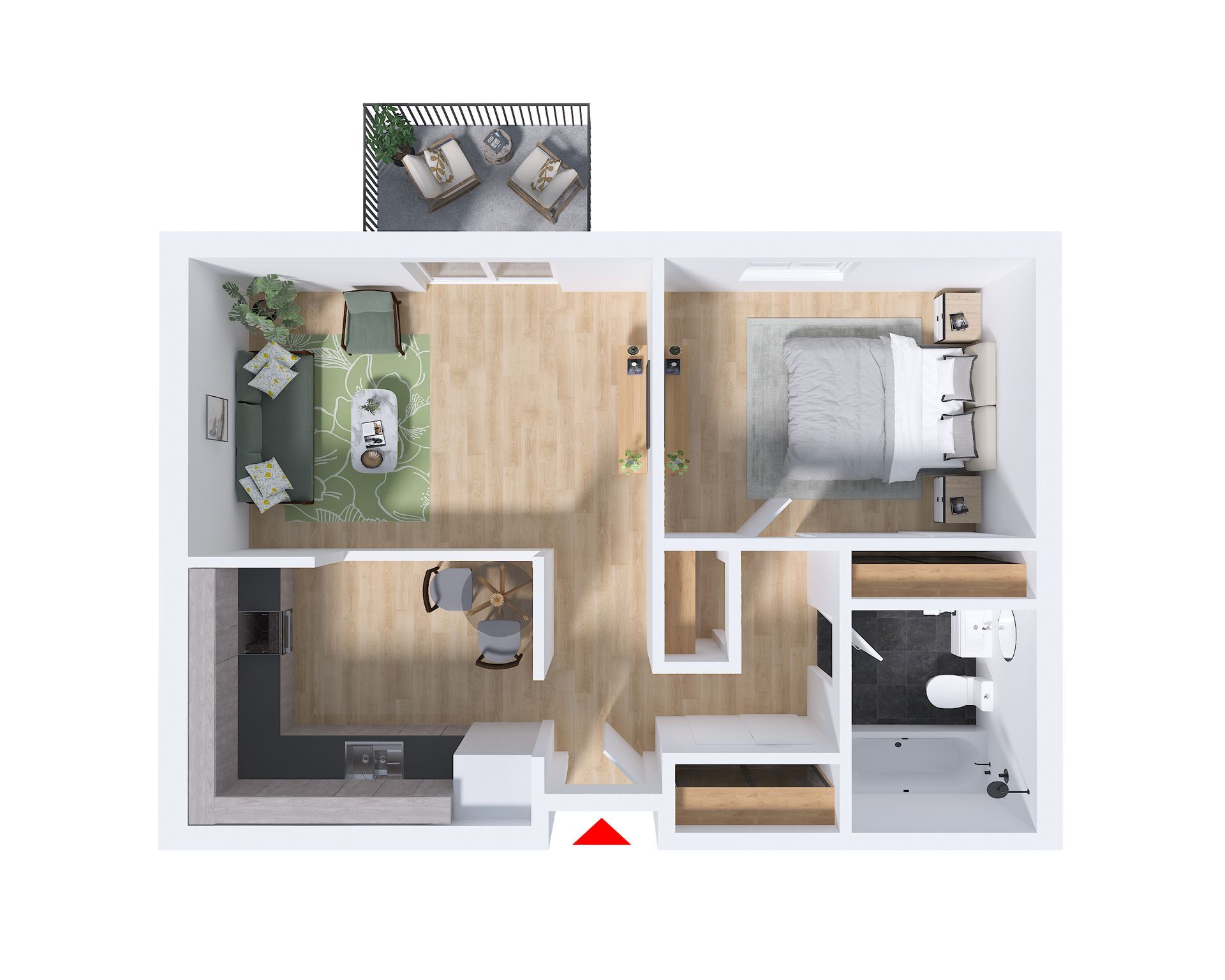 An aerial view of a small apartment with a bedroom , living room , and bathroom.