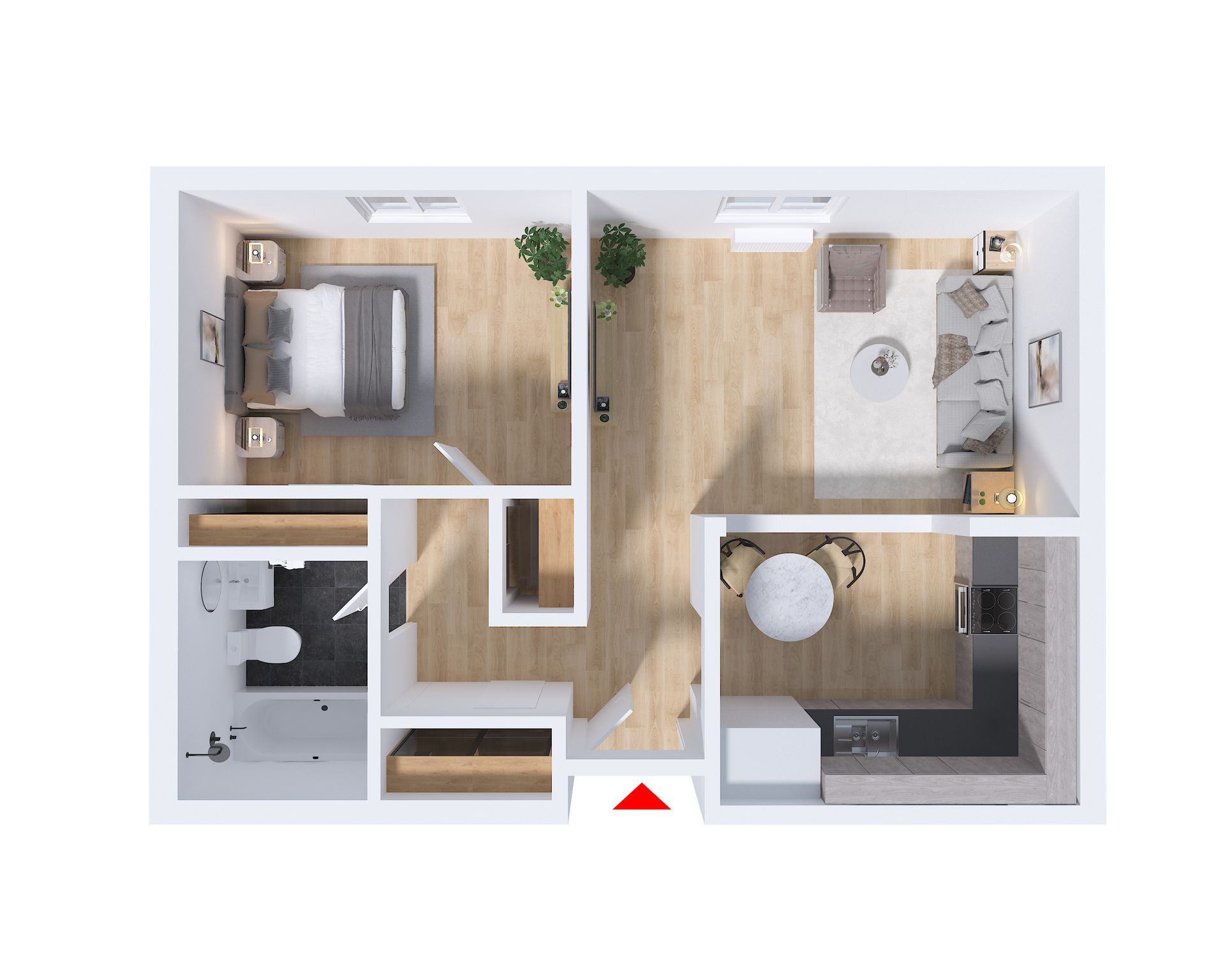 An aerial view of a floor plan of a small apartment.