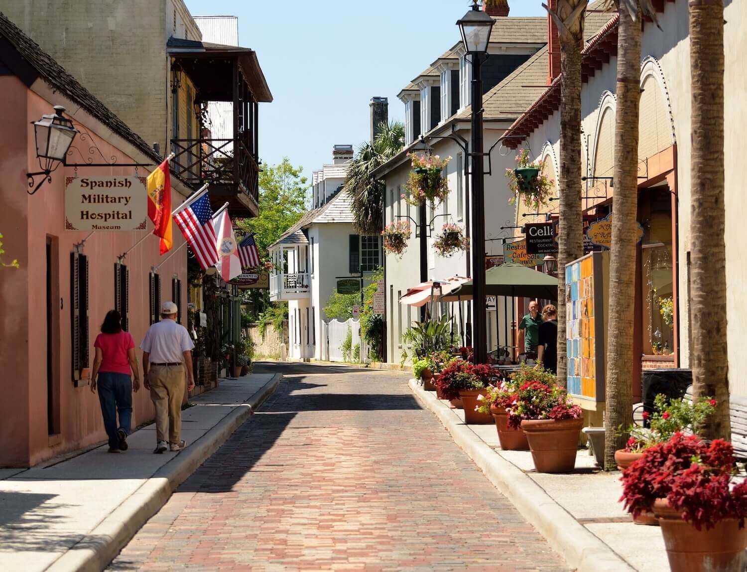 Guests exploring St George Street in St Augustine during a luxury limo day trip from Orlando.