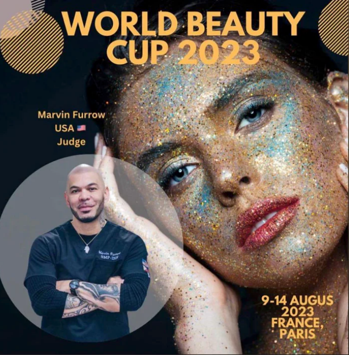 A poster for the world beauty cup 2023 featuring Marvin Furrow