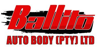 A red and black logo for ballito auto body pty ltd