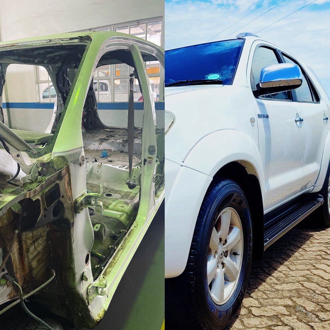 A picture of a car before and after being repaired
