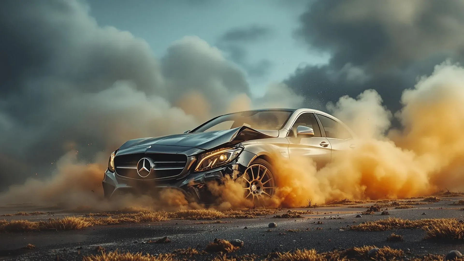 A mercedes benz is driving through a field of dust.