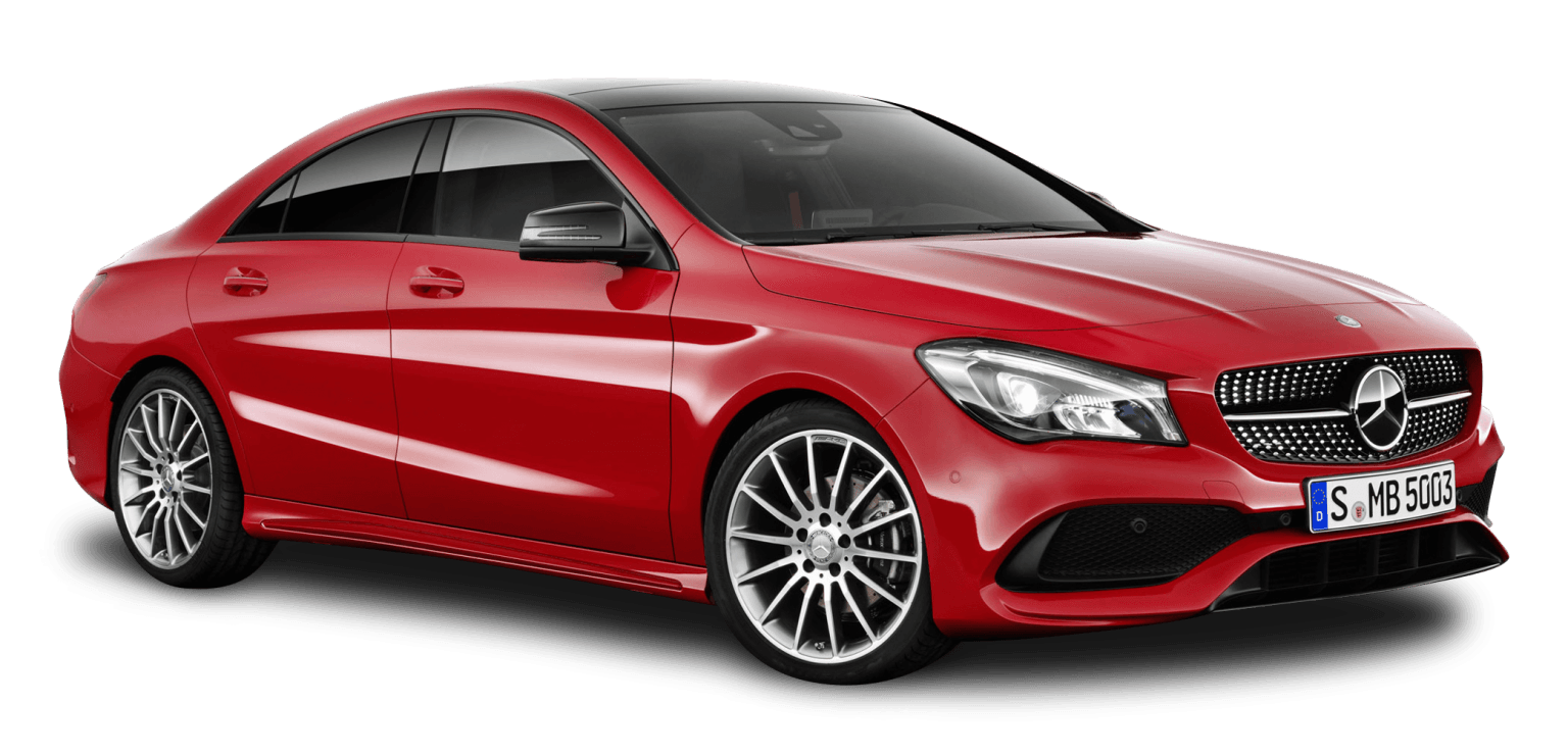 A red mercedes benz cla class is shown on a white background.
