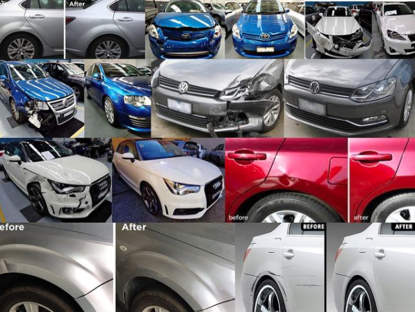 A collage of pictures of cars before and after being repaired
