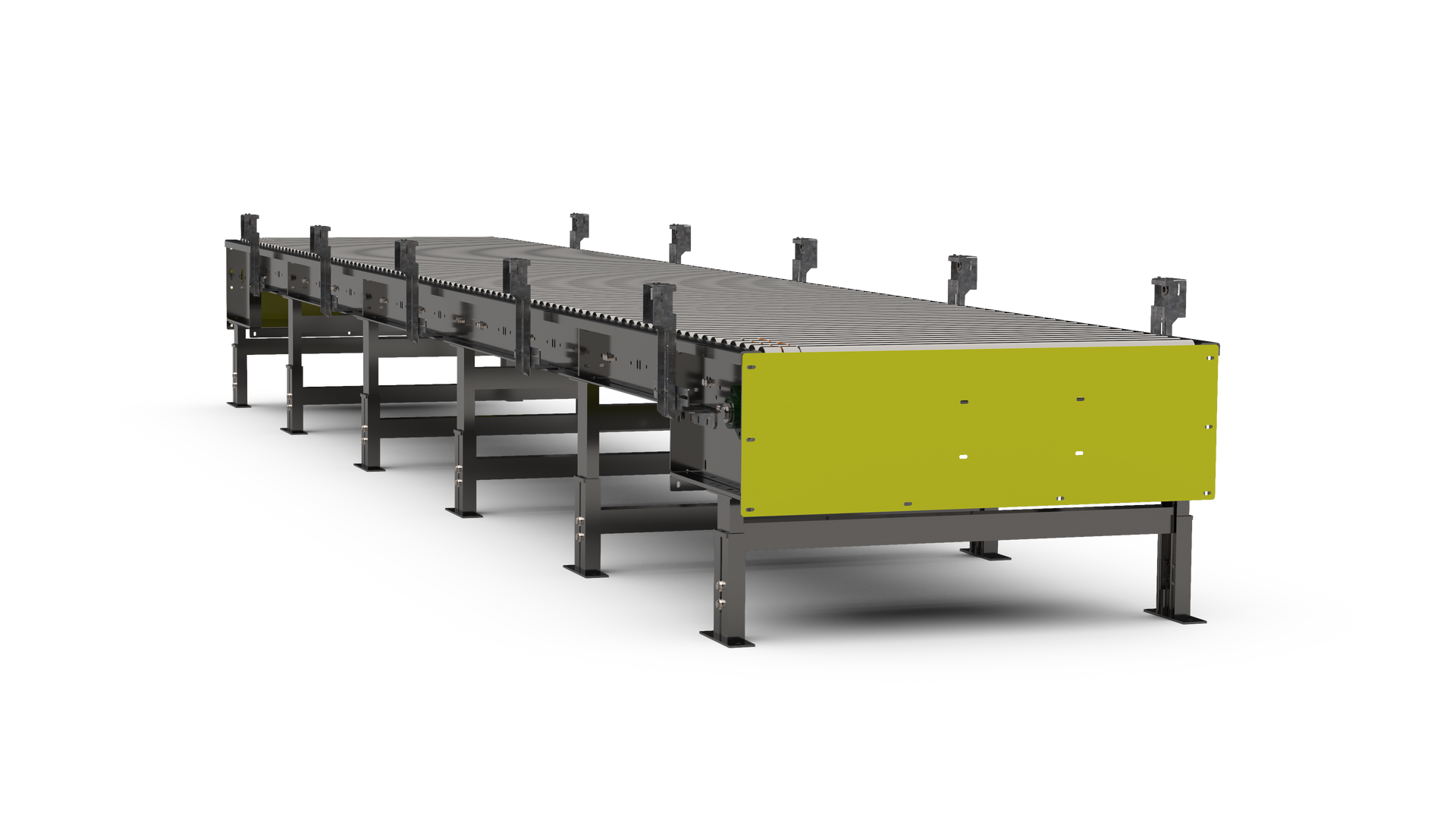A long, gray industrial conveyor belt with yellow side panels.