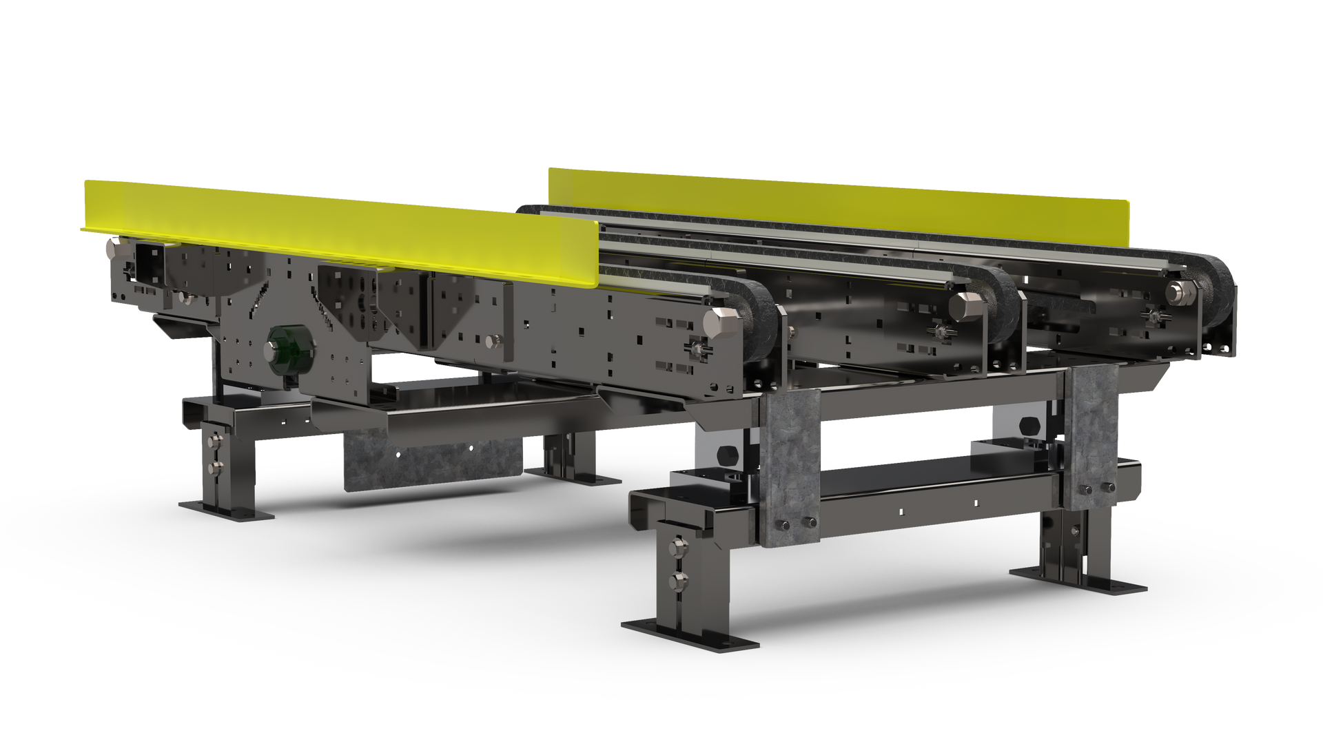 Black conveyor belt with yellow safety guards, on a white background.