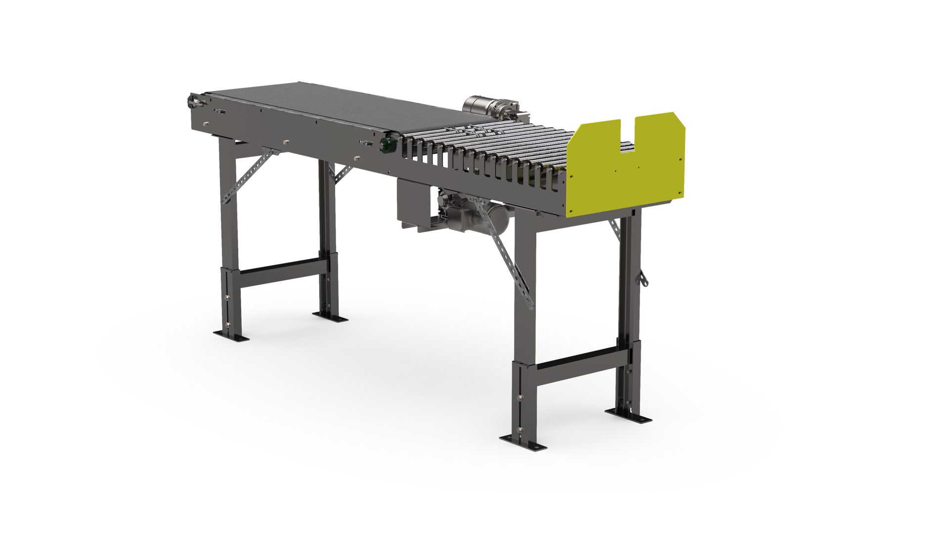 Conveyor belt system with black frame, gray belt, and yellow safety guard.