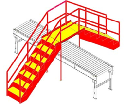 Red and yellow industrial stairway and platform structure alongside two conveyor belts.