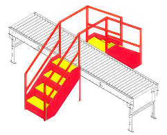 Red-and-yellow industrial stairs and platform over two conveyor belts, with guardrails for safety.