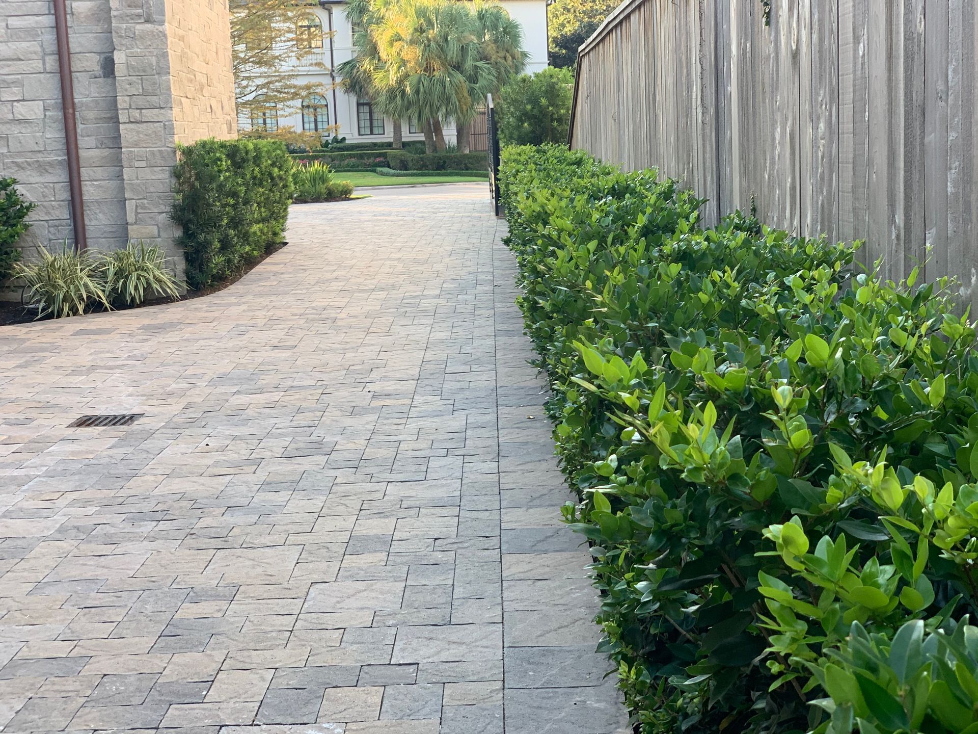 A brick walkway leading to a house with a wooden fence.