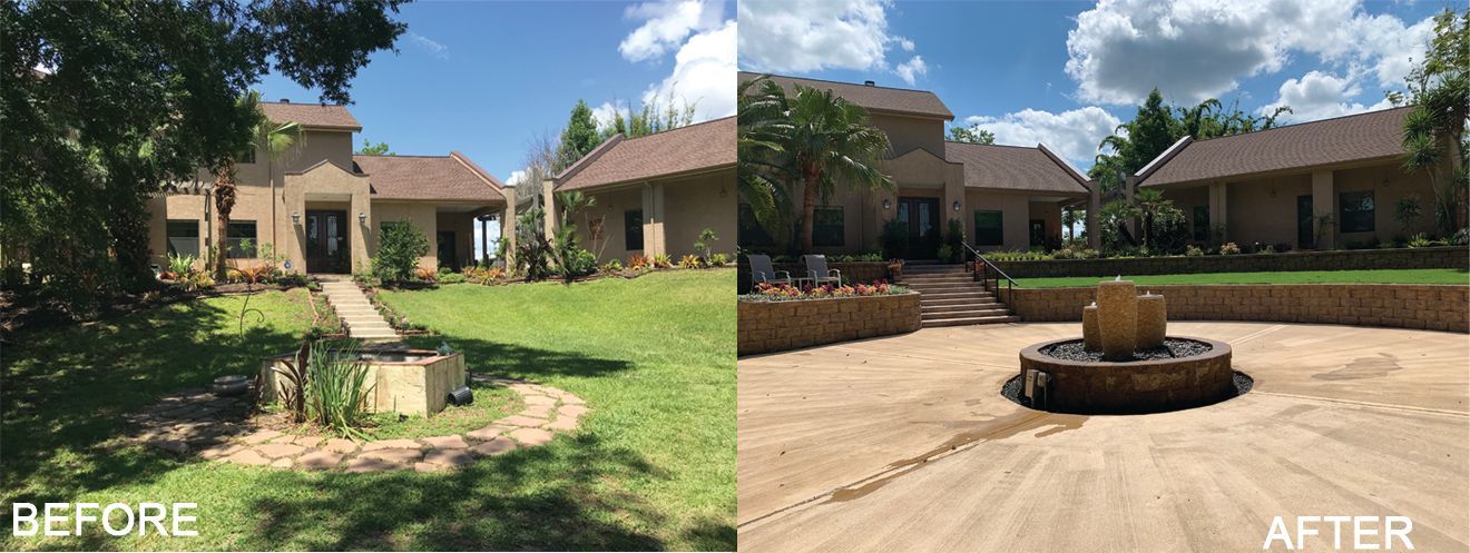 A before and after picture of a house with a fountain in front of it.