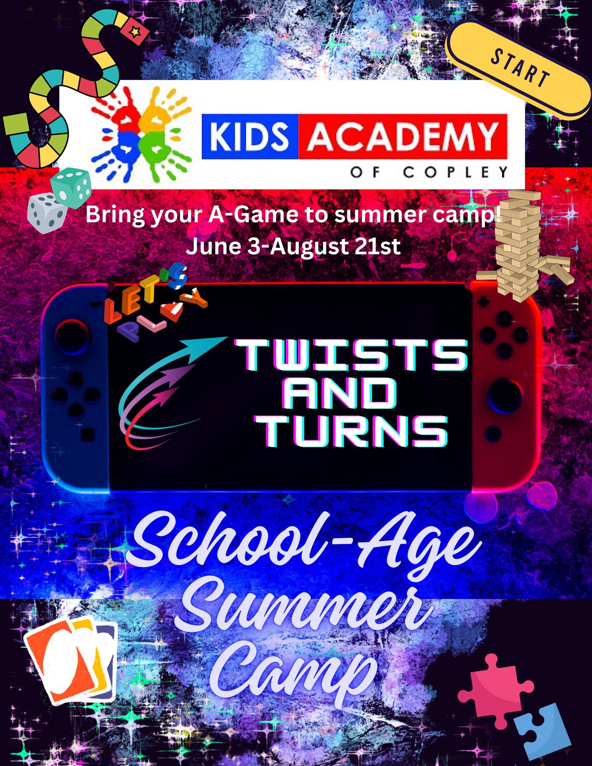 A poster for a kids academy summer camp called twists and turns