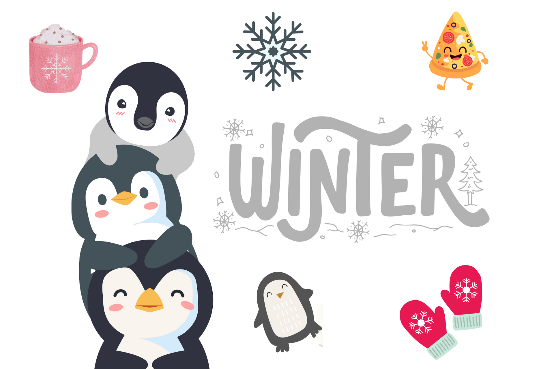penguins are stacked on top of each other in front of the word winter