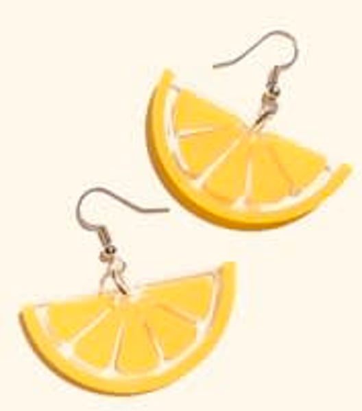 Lemon slice earrings with yellow and white details, silver hooks.