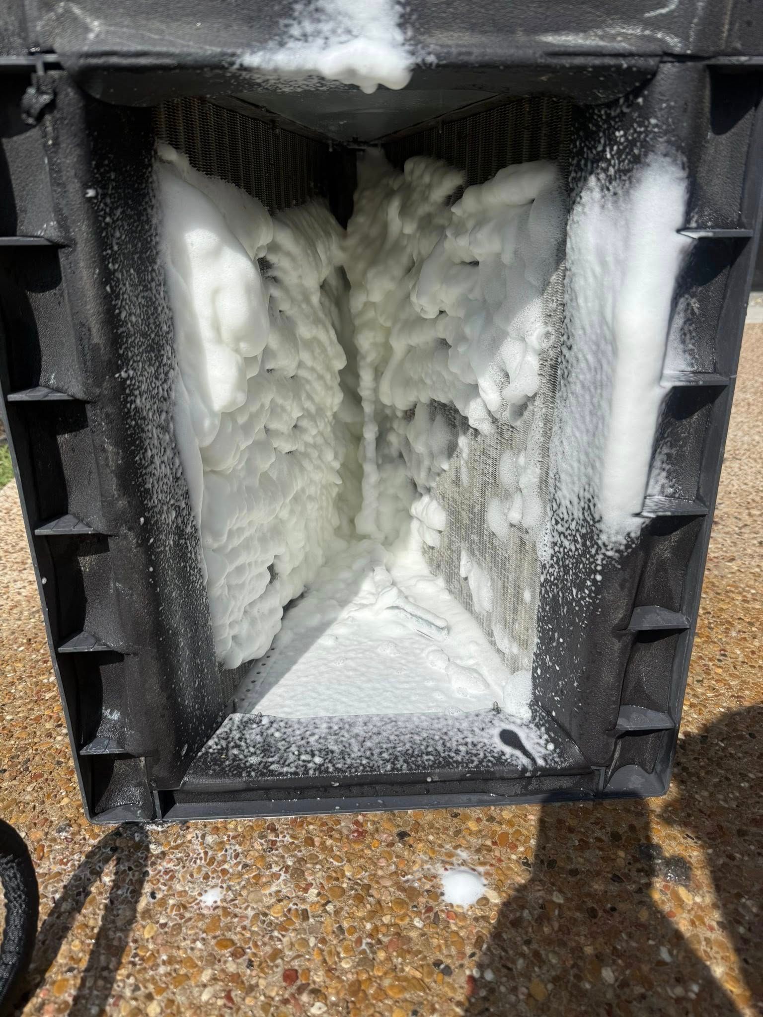 Black plastic cooler interior filled with white foam-like substance, possibly ice or insulation.