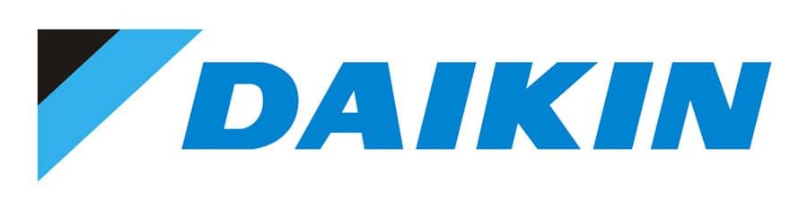 Daikin logo: blue text and symbol with a black triangle on white background.