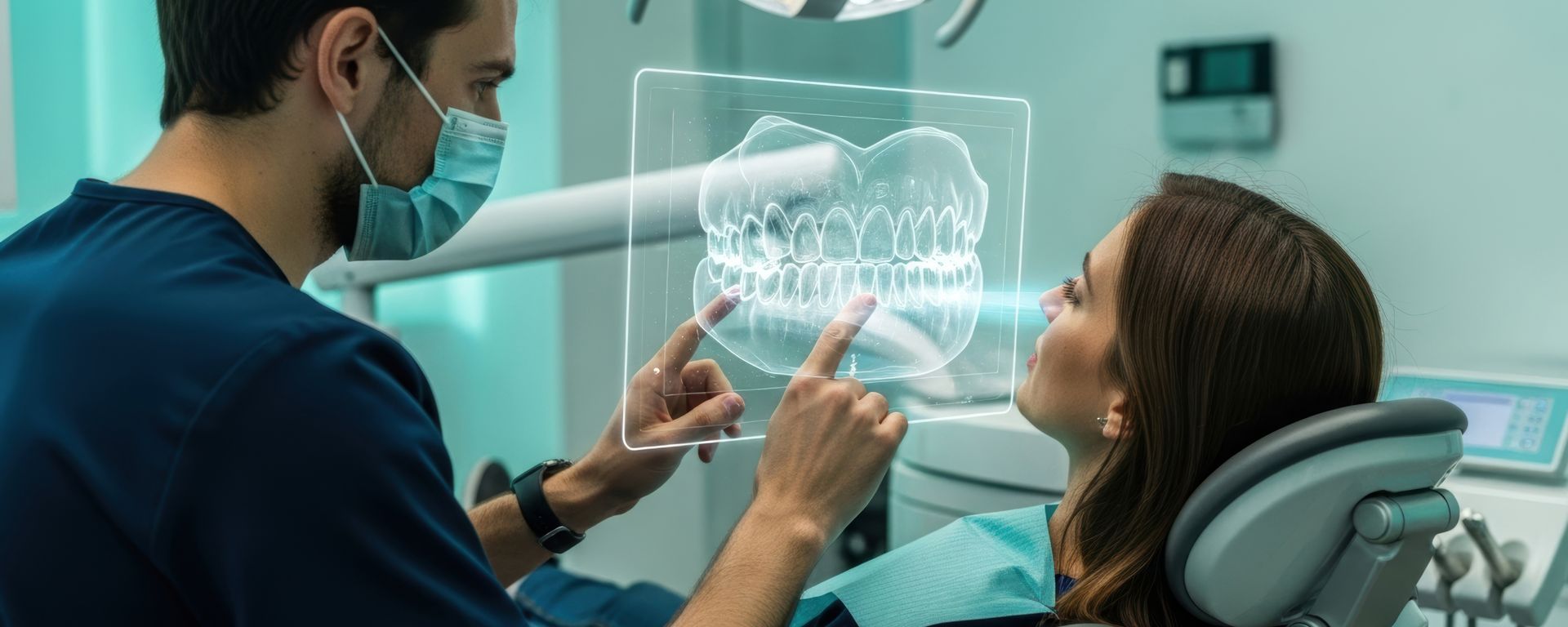 A dentist and patient view a 3D dental X-ray hologram in a modern office. A dentist and patient view a 3D dental X-ray hologram in a modern office.