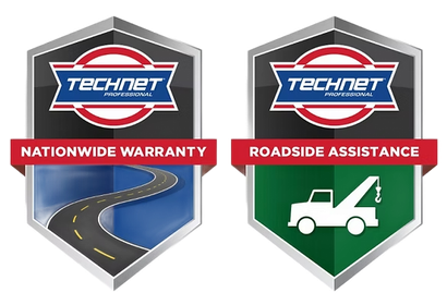 Two TechNet Professional emblems: Nationwide Warranty with road, Roadside Assistance with tow truck.