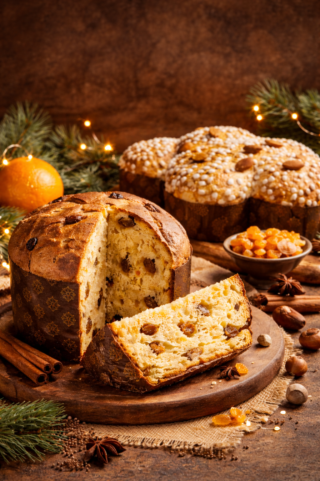 Panettone tagliato con uvetta, su un vassoio di legno, in un ambiente festivo.