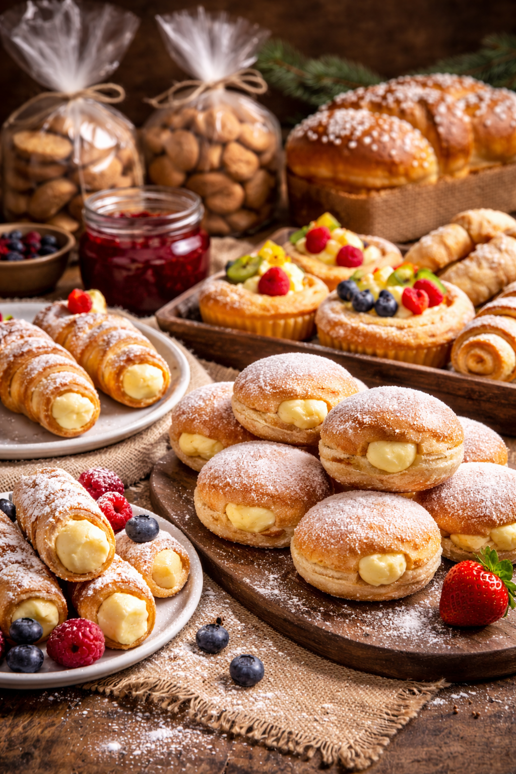 Assortimento di dolci, tra cui cannoli, ciambelle alla crema e crostate di frutta, con biscotti e marmellata sullo sfondo.