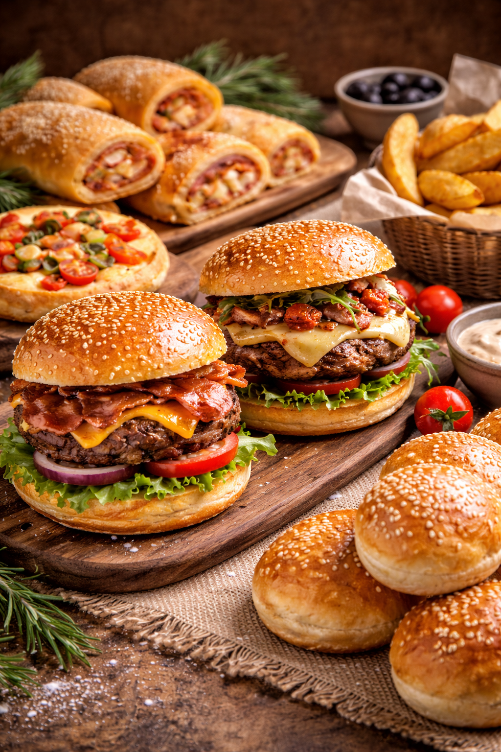 Hamburger, pane, dolci, patatine fritte e altri prodotti alimentari esposti su una superficie rustica in legno.
