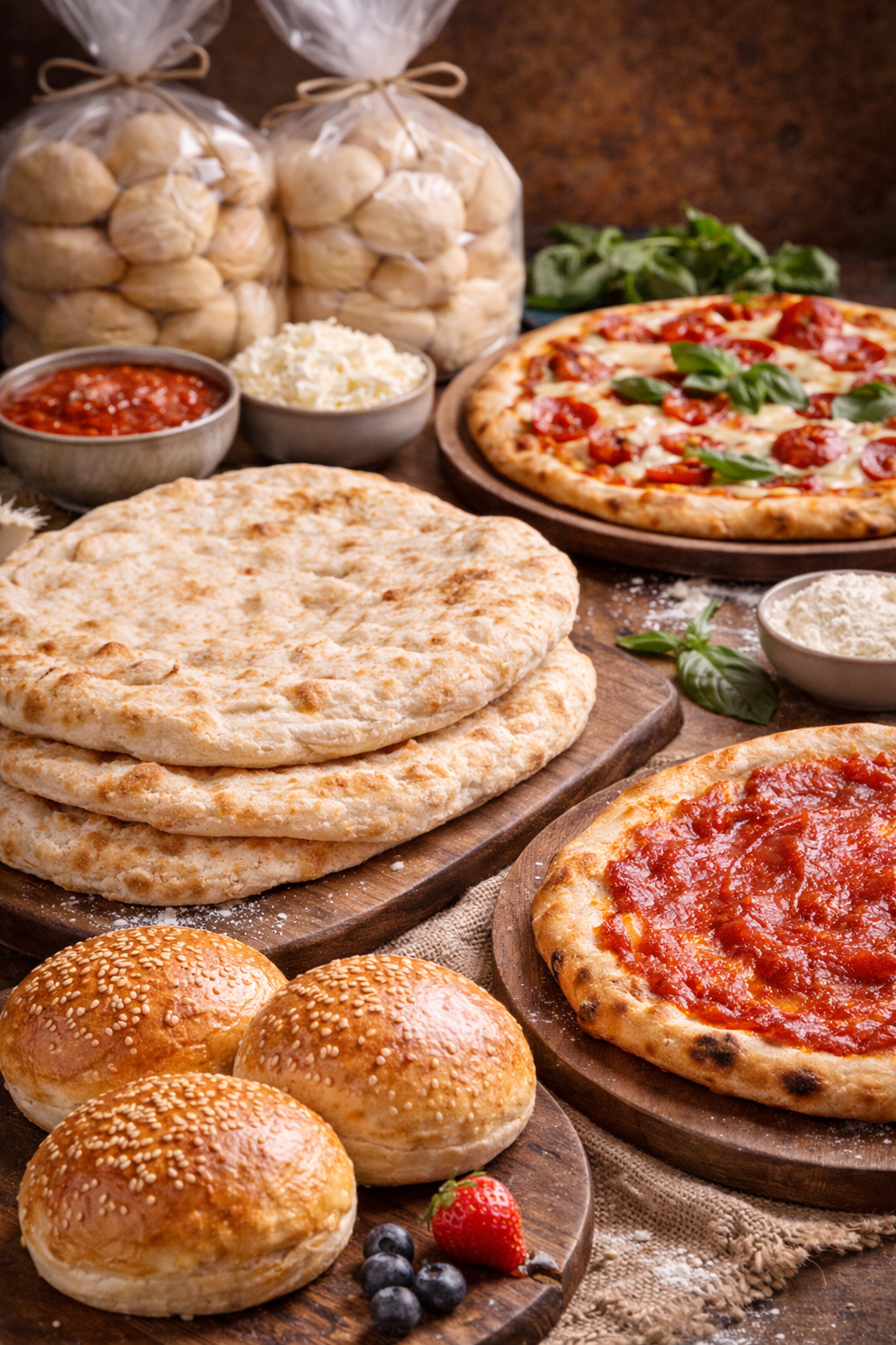 Assortimento di prodotti da forno italiani: pizze, panini, pane, ingredienti, su taglieri di legno.