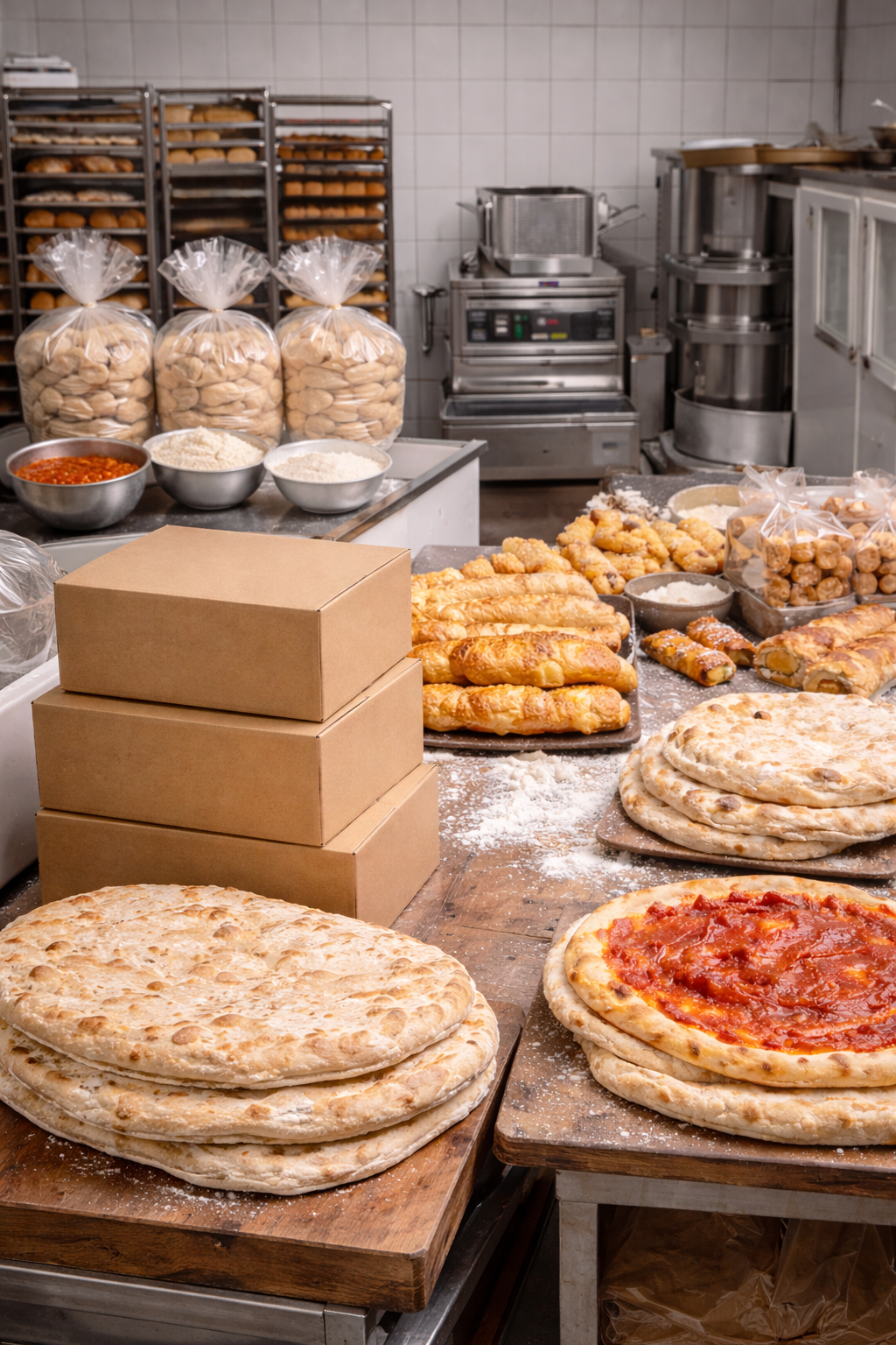 Bancone del panificio con pizze, pane, scatole e ingredienti. Pile di cibo pronto.