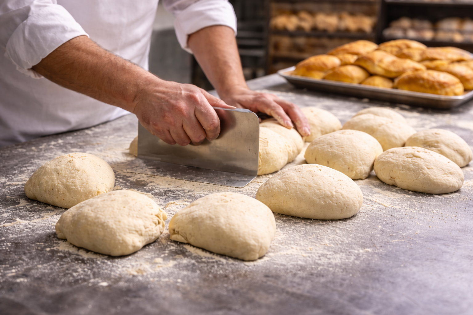 Panettiere che usa un raschietto per porzionare l'impasto su una superficie infarinata, con i panini sullo sfondo.