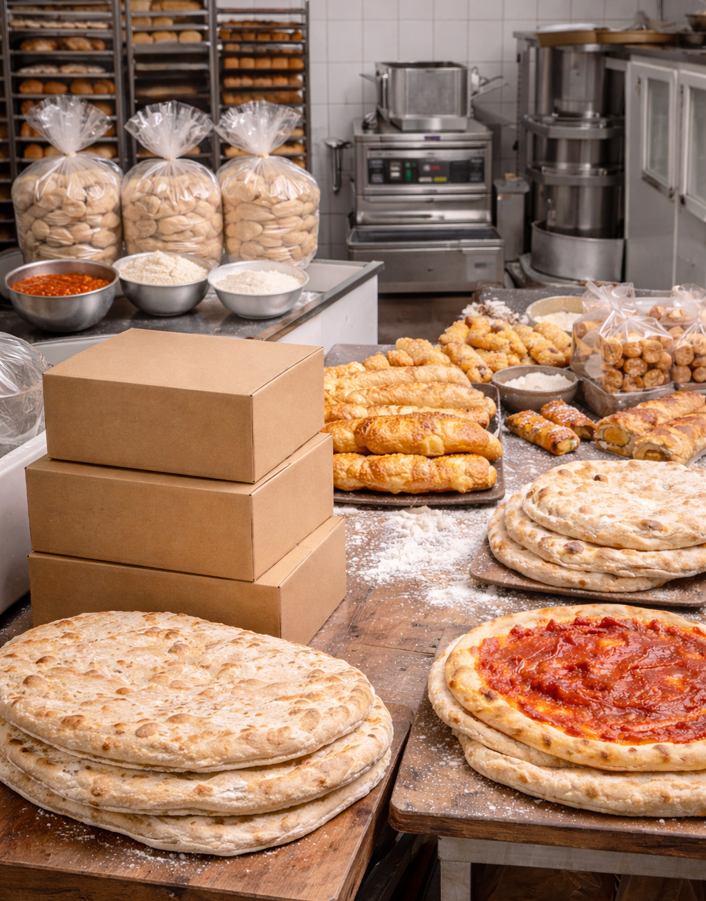 Esposizione di prodotti da forno: pizza, pasticcini, scatole e pane insacchettato su tavoli di legno, con i forni sullo sfondo.