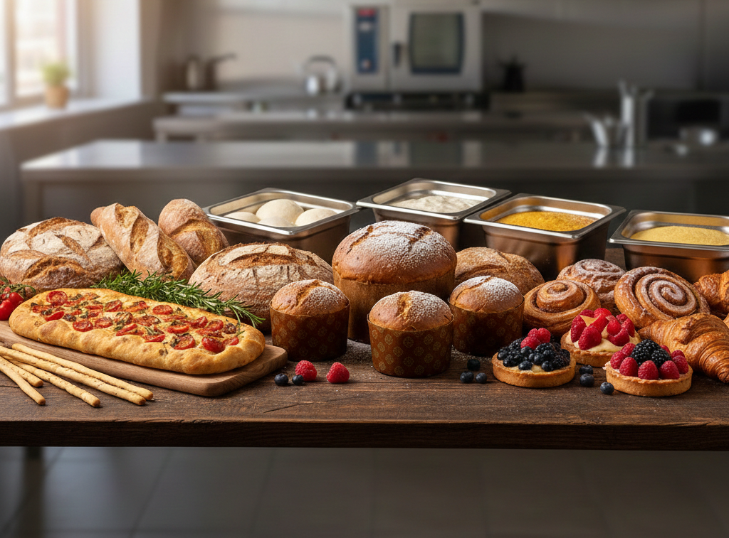 Varietà di prodotti da forno su un tavolo di legno in una cucina commerciale: pagnotte, pasticcini e crostatine.