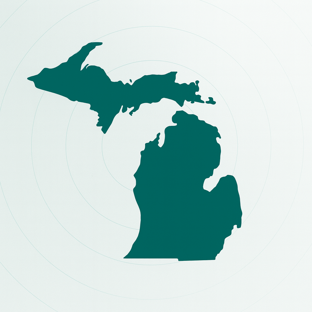 Outline of Michigan in teal, centered, with concentric circles.